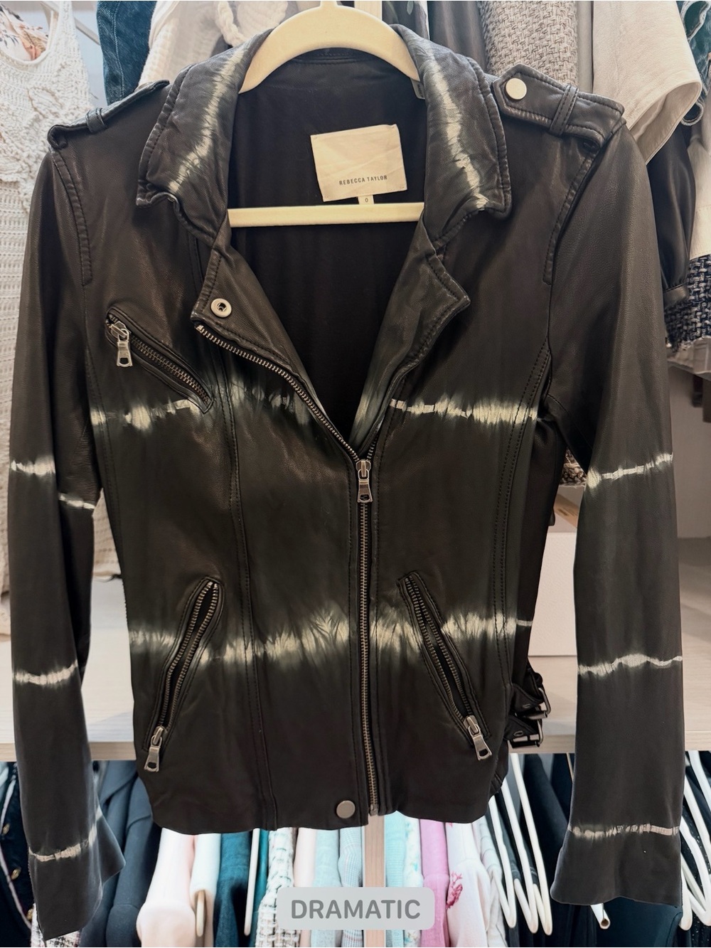 Rebecca Taylor  Italian soft stretch Black vegan Leather Tie-Dye Moto Jacket
